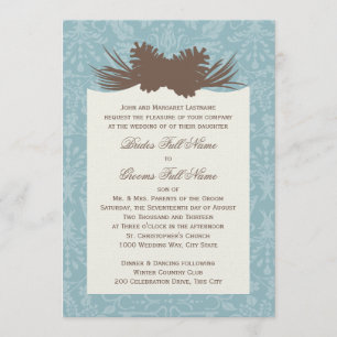 Winter Wedding Pinecones and Damask Invitation