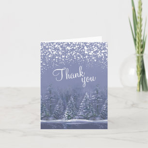 Winter wedding pines trees blue thank you cards