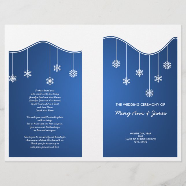 Winter Wedding Program Snowflake Decoration Blue (Front)