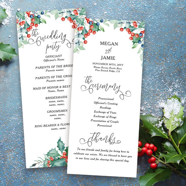 Winter Wedding Program with Elegant Text and Holly (Winter Wedding Program with elegant calligraphy, holly and winter berries)