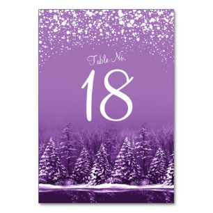 Winter wedding purple pine trees table numbers