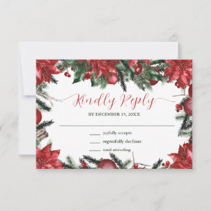 Winter Wedding Red Poinsettia Pine Greenery  RSVP Card