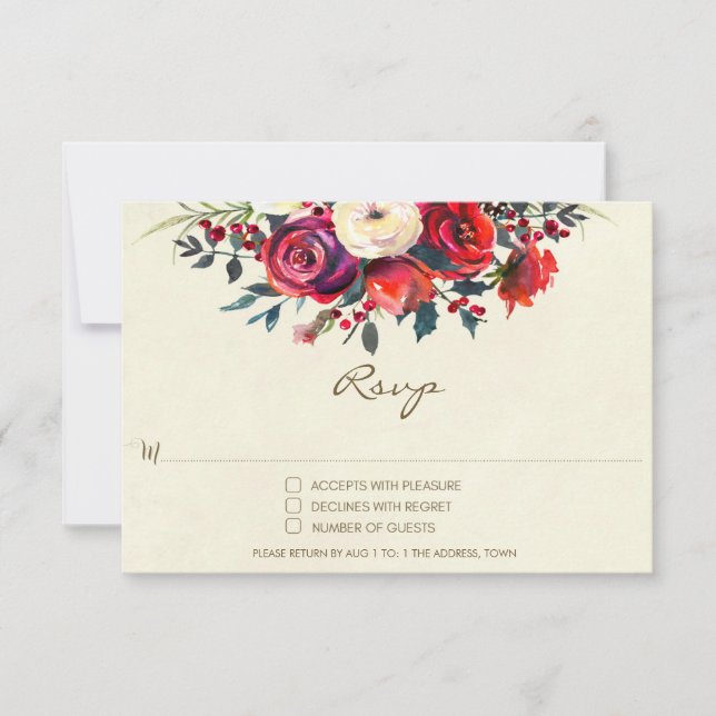 winter wedding RSVP roses berries holiday Card (Front)