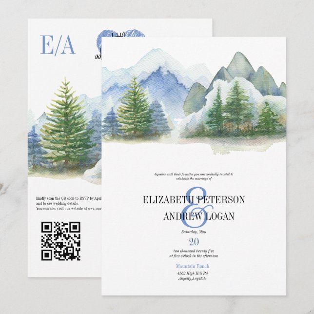 Winter Wedding | Rustic Mountains | QR Code Invitation (Front/Back)