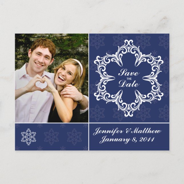 Winter Wedding Save the Date Photo Postcard - Navy (Front)