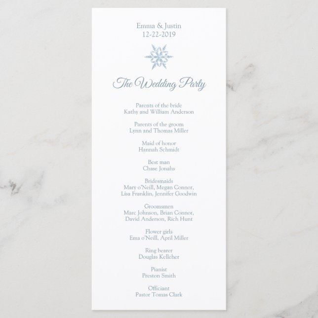 Winter Wedding Silver Blue Snowflake Rackckard Program (Front)