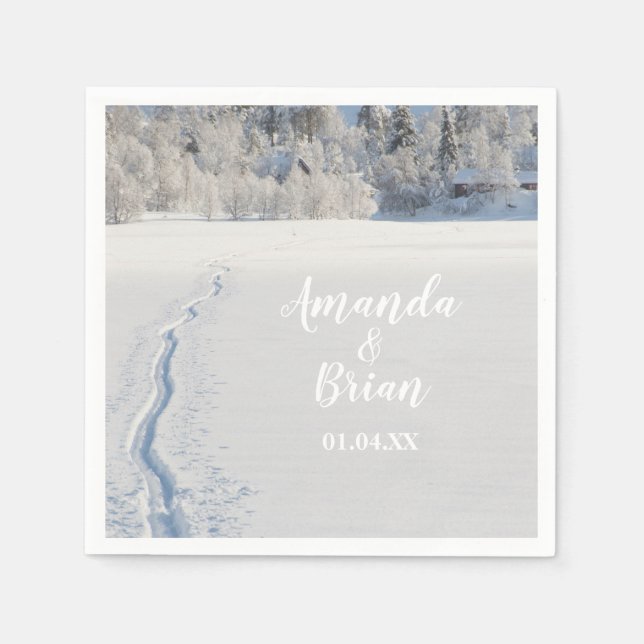 Winter wedding snow ski tracks landscape napkin (Front)