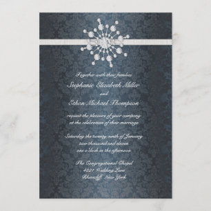 Winter Wedding Snowflake Blue Damask Invitation