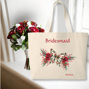 Winter Wedding Vintage Butterfly Poinsettia Large Tote Bag