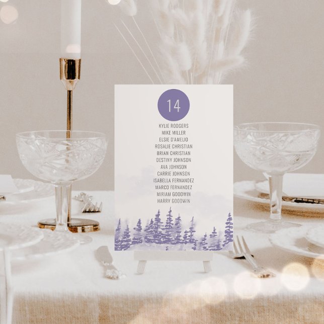 Winter Wedding Watercolor Per Table Seating Chart (Wedding Table Seating Chart from my Winter Forest Lavender Wedding Collection)