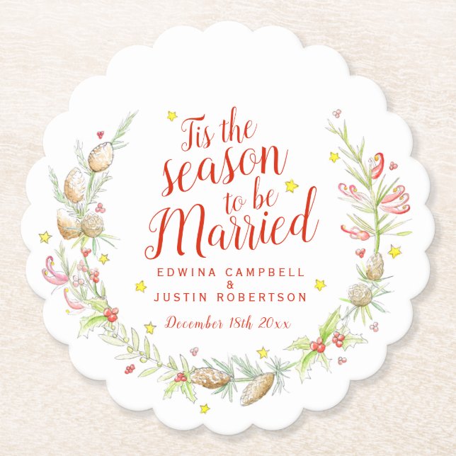 Winter Wedding watercolor pine cones berries Paper Coaster (Front)