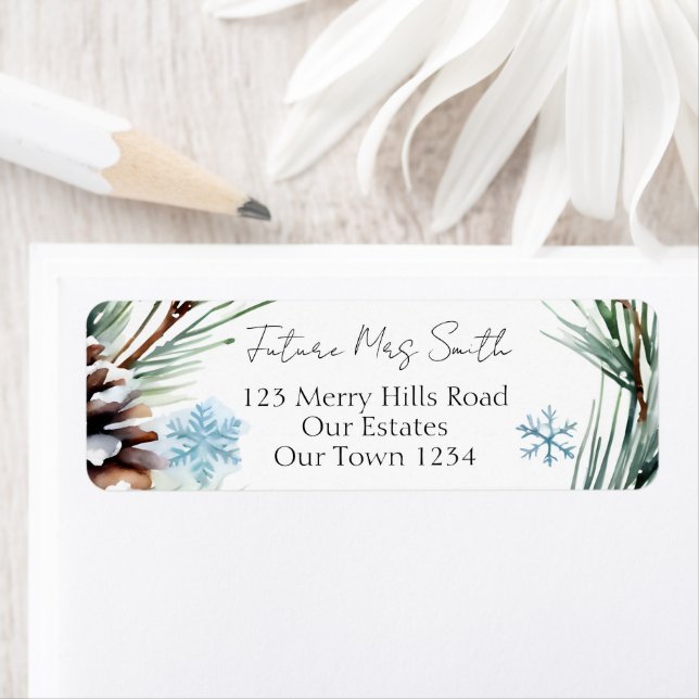 Winter wedding watercolor snow pines address label (Insitu)