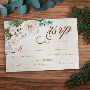 Winter Wedding White Rose RSVP with Meal Options Card