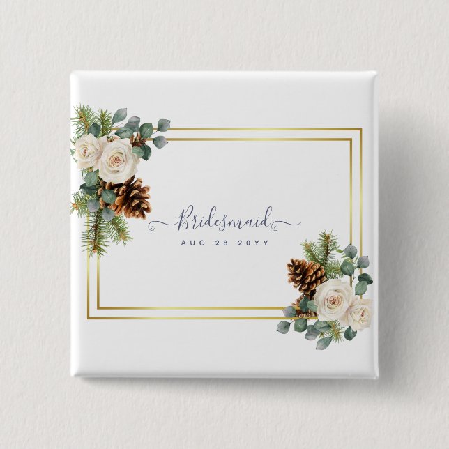 Winter Wedding White Roses Gold Dusty Blue 2 Inch Square Button (Front)
