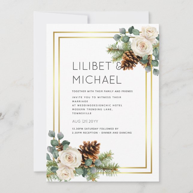 Winter Wedding White Roses Gold Dusty Blue Invitation (Front)