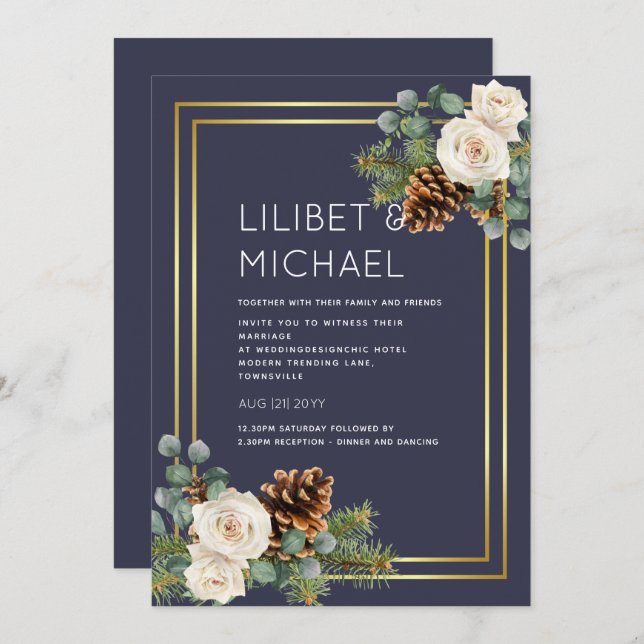 Winter Wedding White Roses Gold Dusty Blue Invitation (Front/Back)