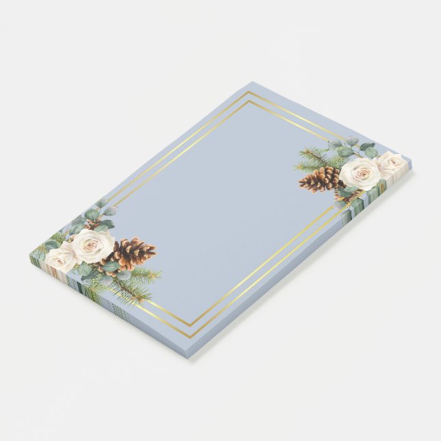 Winter Wedding White Roses Gold Dusty Blue Post-it Notes (Angled)