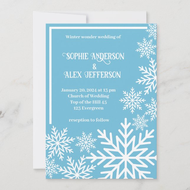 Winter wedding white snowflakes on turquoise ice invitation (Front)