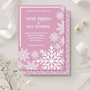Winter wedding white snowflakes pink invitation