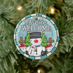 Winter Welcome Snowman Family Christmas  Ceramic Ornament<br><div class="desc">Bring a warm and whimsical touch to your holiday décor with this Winter Welcome ornament. Featuring a happy snowman family,  festive trees,  and bold lettering,  this round Christmas ornament is perfect for welcoming guests with seasonal cheer. Makes a fun and charming keepsake or gift for any winter-loving family.</div>