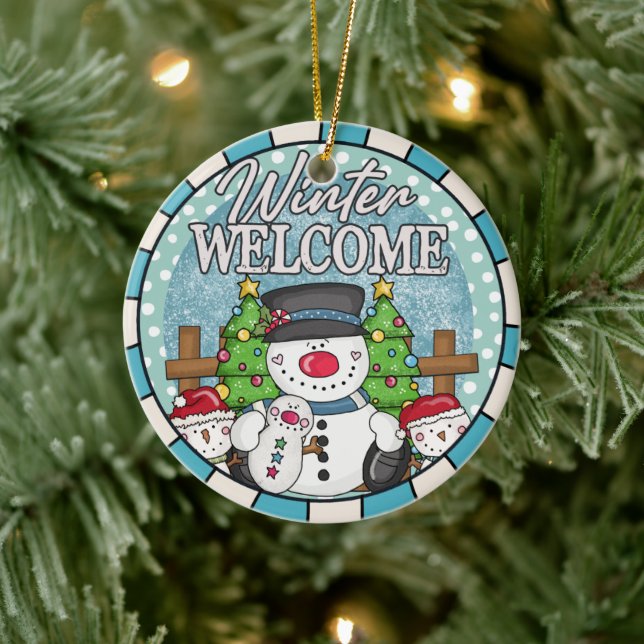 Winter Welcome Snowman Family Christmas  Ceramic Ornament (Tree)