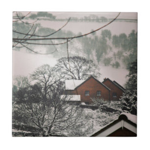 Winter Welsh Landscape Houses Trees Hills Tile