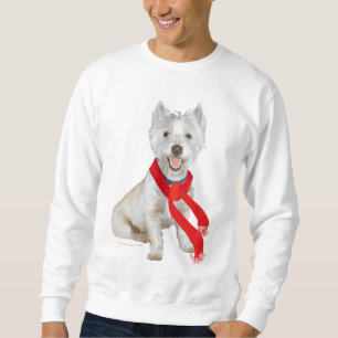 Winter Westie in a Red Scarf Sweatshirt