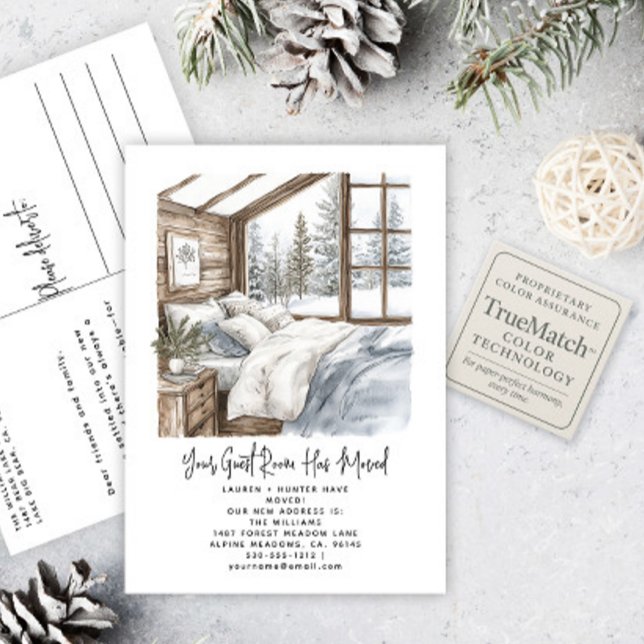 Winter We've Moved Watercolor Pine Trees Holiday Announcement Postcard (Creator Uploaded)