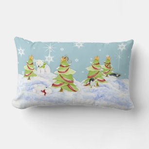 Winter Whimsey Penguin Polar Bear Babies in Snow Lumbar Pillow