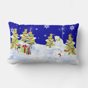 Winter Whimsey Penguin Polar Bear Babies in Snow Lumbar Pillow