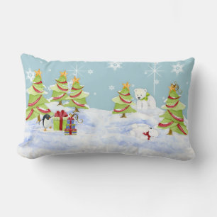 Winter Whimsey Penguin Polar Bear Babies in Snow Lumbar Pillow