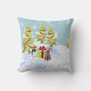 Winter Whimsey Penguin Polar Bear Babies in Snow Throw Pillow