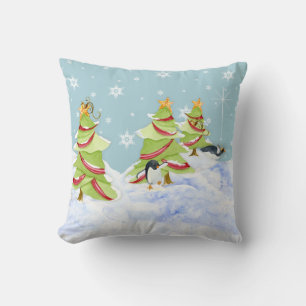 Winter Whimsey Penguin Polar Bear Babies in Snow Throw Pillow