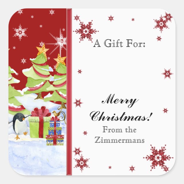 Winter Whimsy Cute Penguin Babies in Snow Star Square Sticker (Front)