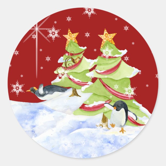 Winter Whimsy Cute Polar Bear Babies in Snow Star Classic Round Sticker (Front)