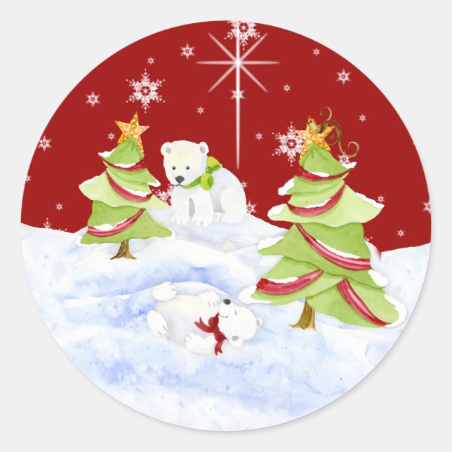 Winter Whimsy Cute Polar Bear Babies in Snow Star Classic Round Sticker (Front)