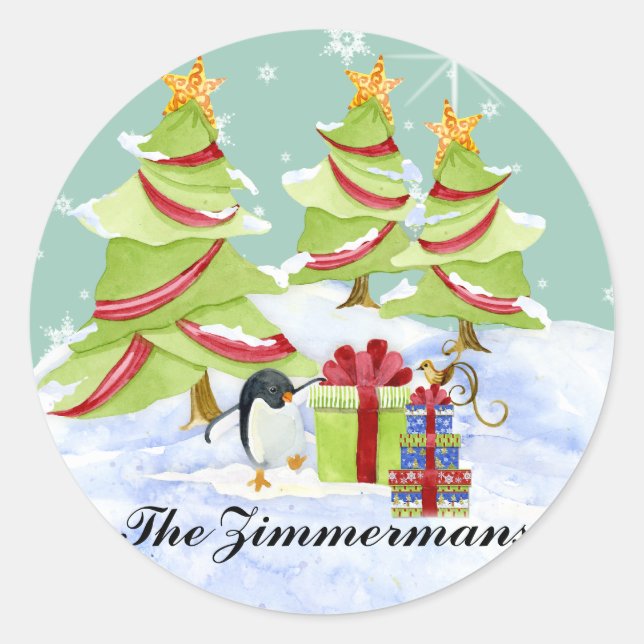 Winter Whimsy Cute Polar Bear Babies in Snow Star Classic Round Sticker (Front)