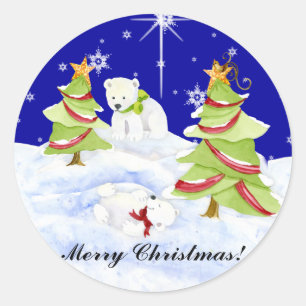 Winter Whimsy Cute Polar Bear Babies in Snow Star Classic Round Sticker