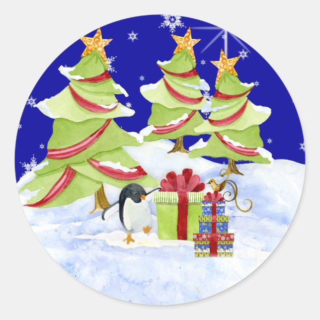 Winter Whimsy Cute Polar Bear Babies in Snow Star Classic Round Sticker (Front)