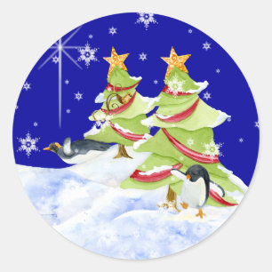 Winter Whimsy Cute Polar Bear Babies in Snow Star Classic Round Sticker