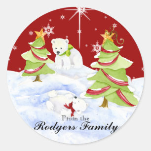 Winter Whimsy Cute Polar Bear Babies in Snow Star Classic Round Sticker