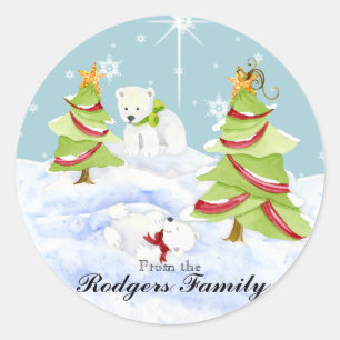 Winter Whimsy Cute Polar Bear Babies in Snow Star Classic Round Sticker