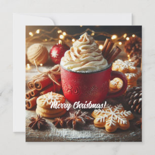 Winter whipped cream hot coffee in a red mug holiday card