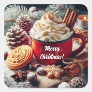 Winter whipped cream hot coffee in a red mug square sticker