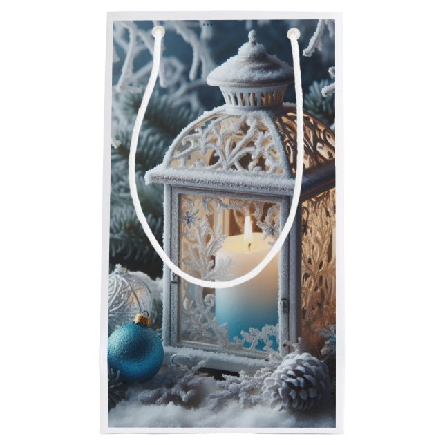 Winter White and Blue Frosted Lantern  Small Gift Bag (Front)