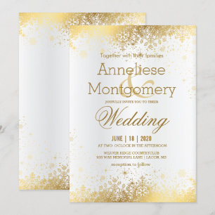 Winter White and Gold Snowflakes Wedding Invitation