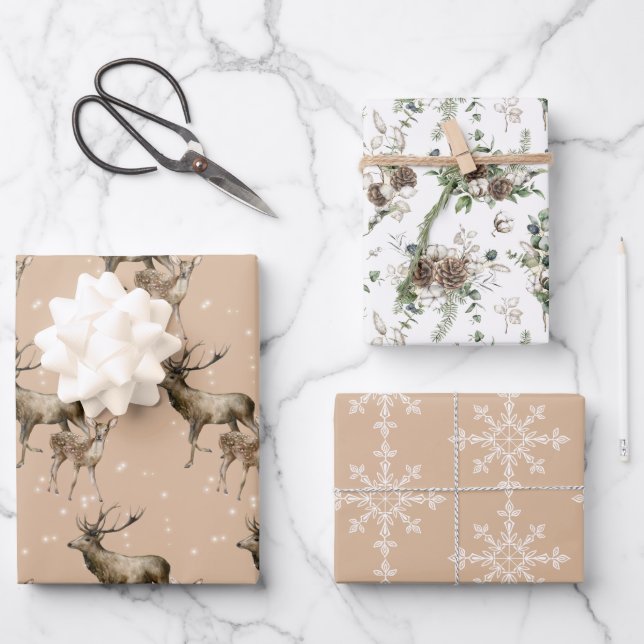 Winter White and Kraft Holiday Assortment of Wrapping Paper Sheet (Front)