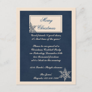 Winter White and Navy Blue Snowflake Christmas Invitation