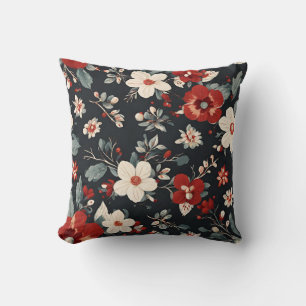 winter white and red flowers, grey blue leaves throw pillow
