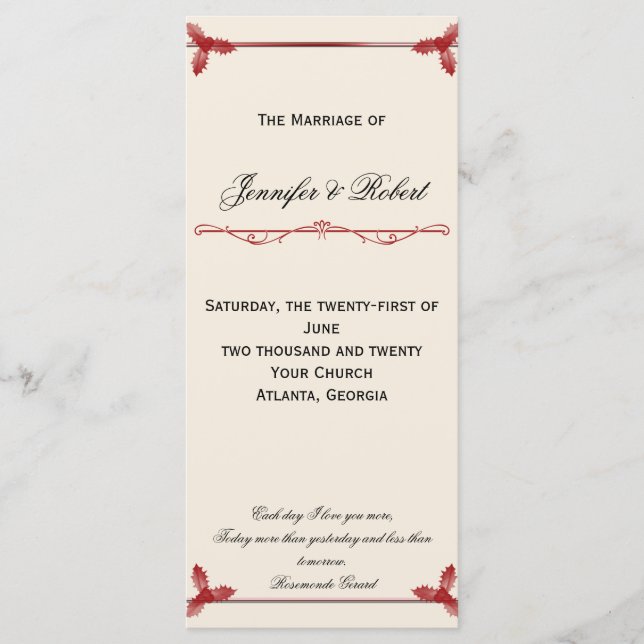 Winter White and Red Mistletoe Wedding Program (Front)